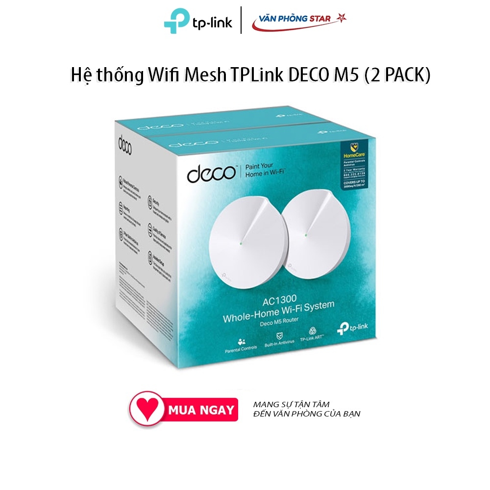Hệ thống Wifi Mesh TPLink DECO M5 (2 PACK) Băng tần hỗ trợ 2.4 GHz / 5 GHz. Chuẩn kết nối: 802.11 a/b/g/n/ac.