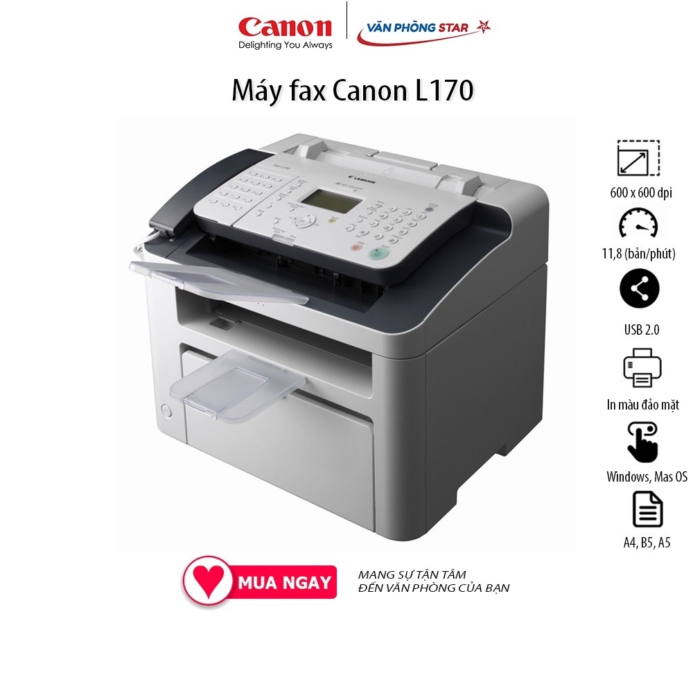 Máy fax laser đa năng Canon L170 Fax - Copy - In, Tốc độ18 trang/phút, 600 dpi x 600 dpi, ADF, USB 2.0 High Speed