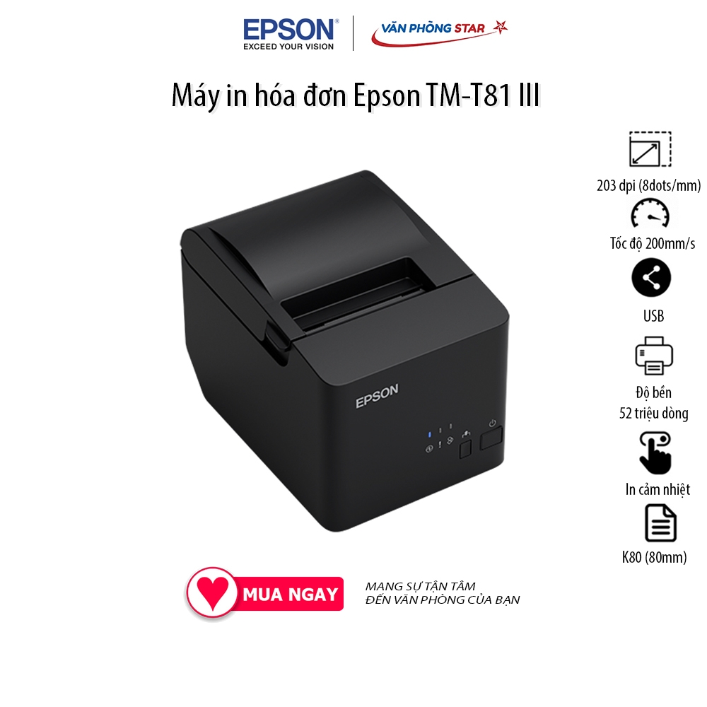 Máy in hóa đơn Epson TM-T81 III (Cổng USB + RS232). Độ bền đầu in 52 triệu dòng, Độ phân giải 203 dpi, Giấy in K80 80mm