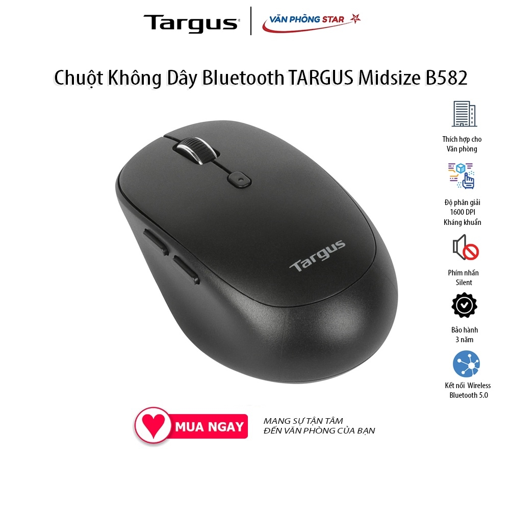 Chuột Không Dây Bluetooth TARGUS Midsize Comfort Kháng Khuẩn B582 Wireless Bluetooth + USB Click Silent chính hãng