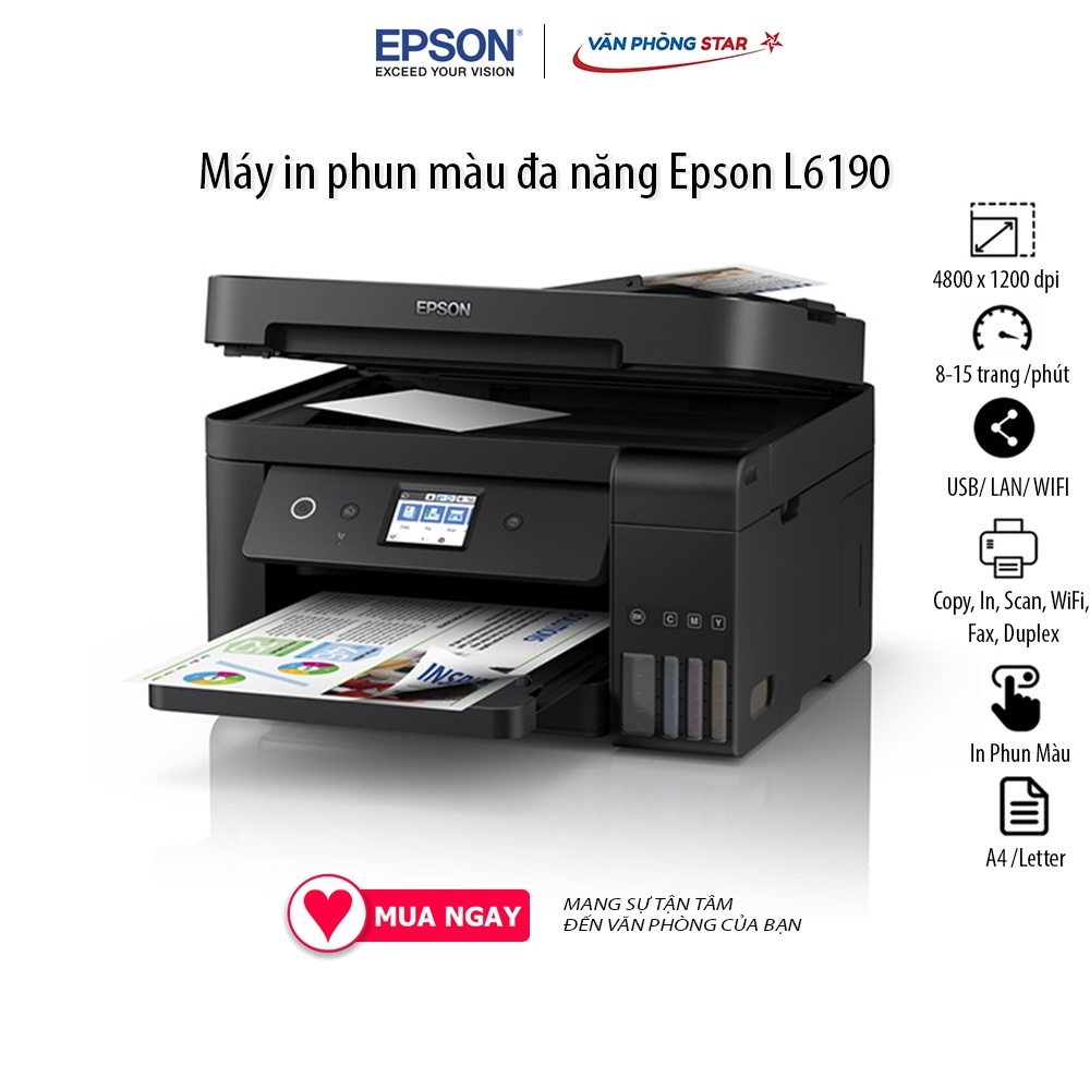 Máy in phun màu Epson L6190 Wifi (Copy, In, Scan, WiFi, Fax, Duplex) tốc độ 15 trang/phút độ phân giải 4800 x 1200 dpi