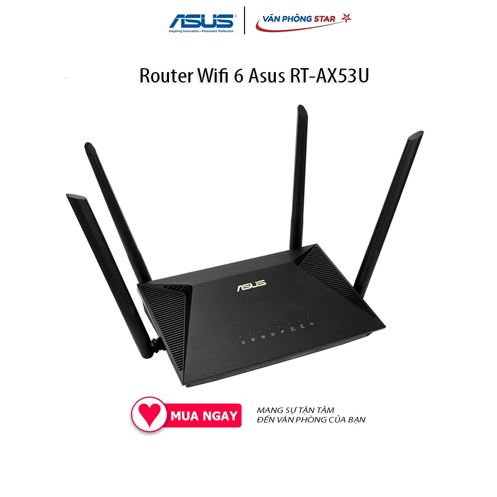 Router Wifi 6 Asus RT-AX53U  2.4 GHz / 5 GHz Chuẩn kết nối: 802.11 - Chính Hãng