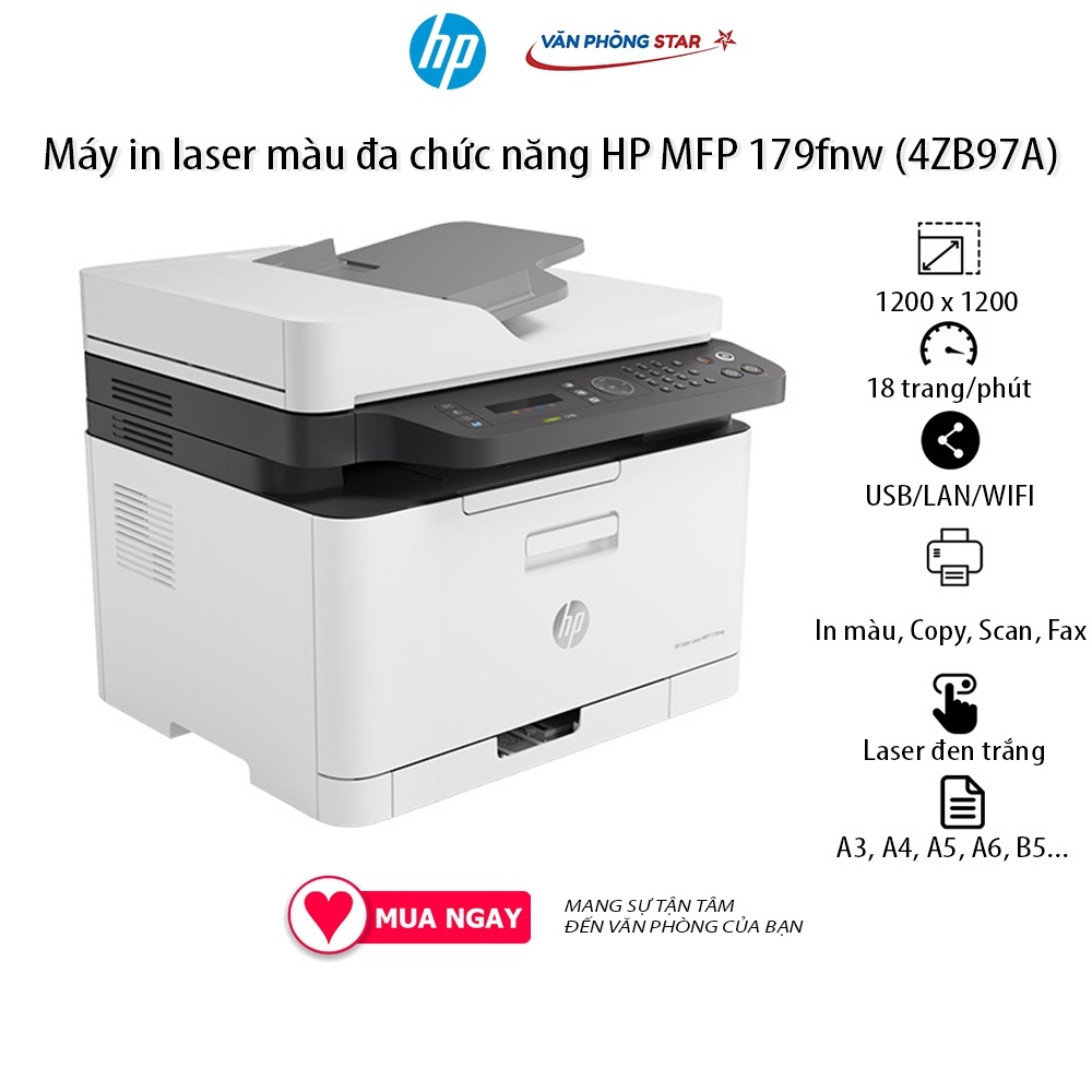 Máy in laser màu đa chức năng HP MFP 179fnw in, copy, scan, fax tốc độ 18 trang/phút cho doanh nghiệp