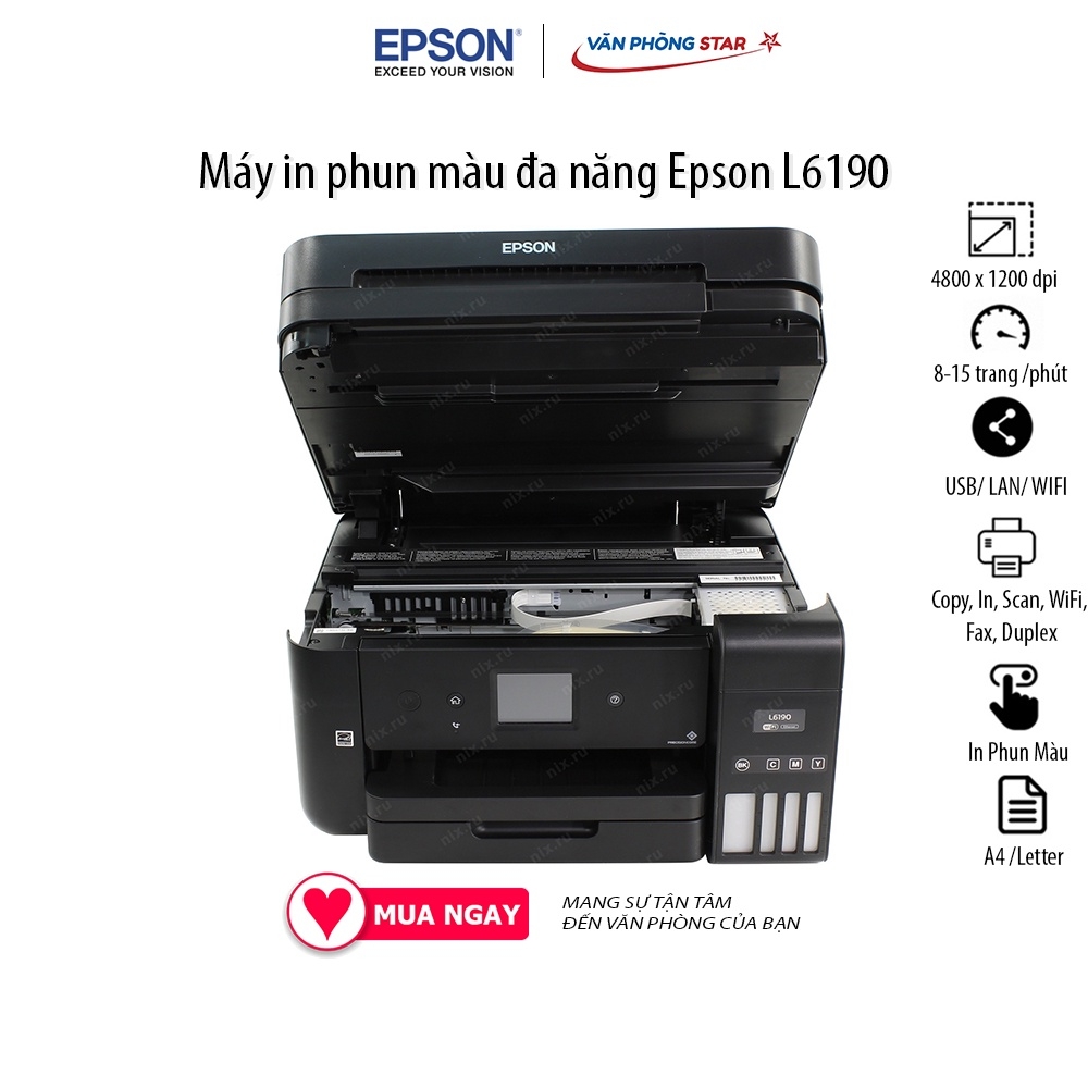 Máy in phun màu Epson L6190 Wifi (Copy, In, Scan, WiFi, Fax, Duplex) tốc độ 15 trang/phút độ phân giải 4800 x 1200 dpi