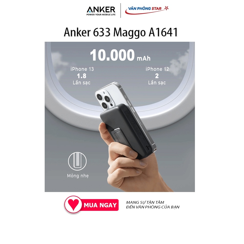 Pin sạc dự phòng không dây từ tính Anker 633 Maggo A1641 cổng nguồn USB-C 20W và cáp sạc USB-C Dung lượng 10.000 mAh