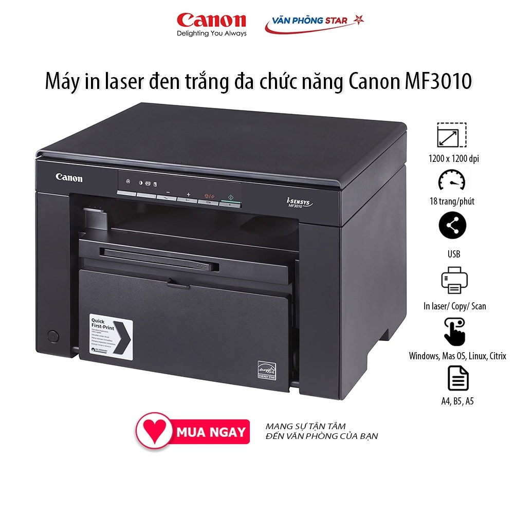Máy In Canon ImageCLASS MF3010AE - Chính Hãng, A4 Đen Trắng, Đa Chức Năng In, Copy, Scan, kết nối Usb tại Vanphongstar