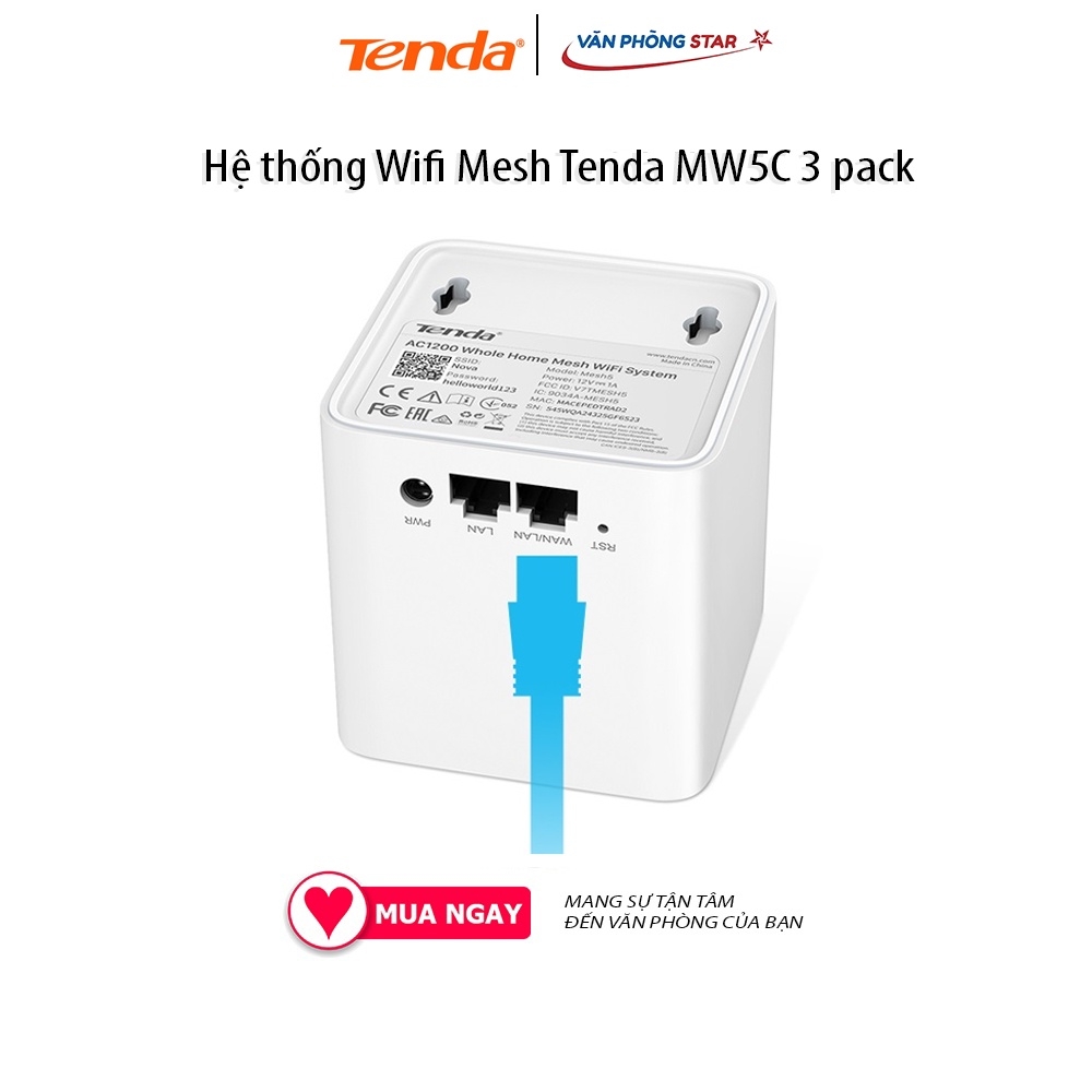 Hệ thống Wifi Mesh Tenda MW5C 3 pack Chuẩn kết nối: 802.11 a/b/g/n/ac Tốc độ 2.4GHz: 300Mbps; 5.0GHz: 867Mbps