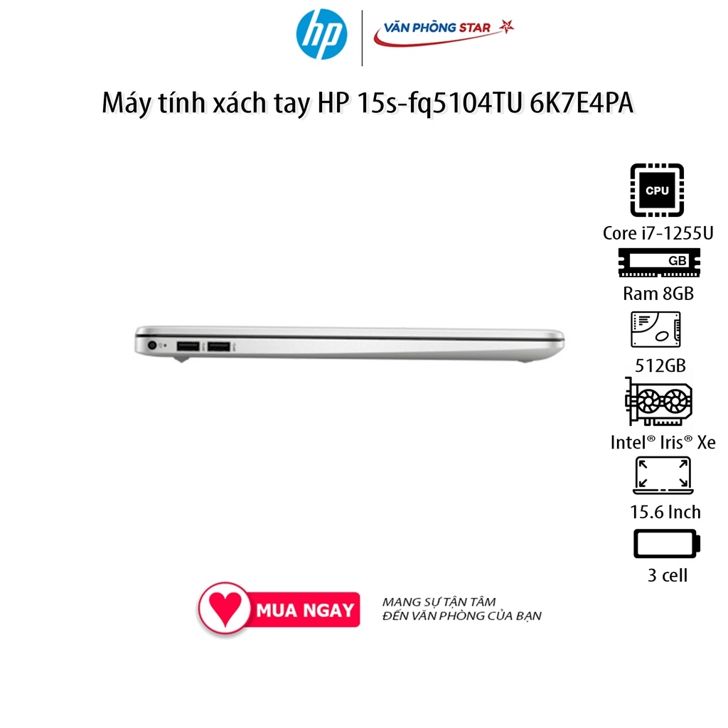 Laptop HP 15s-fq5104TU 6K7E4PA (Core i7-1255U | 8GB | 512GB | Iris® Xᵉ Graphics | 15.6 inch HD | Windows 11 Home