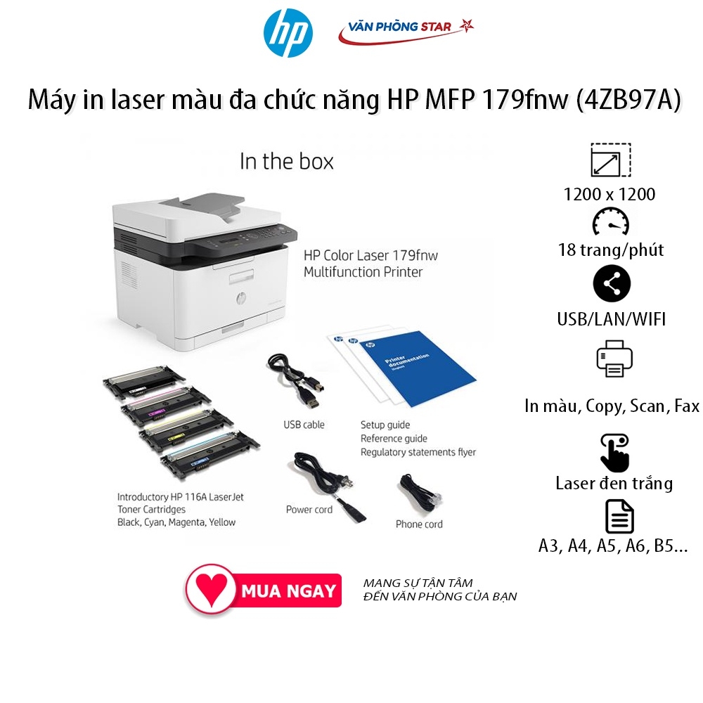 Máy in laser màu đa chức năng HP MFP 179fnw in, copy, scan, fax tốc độ 18 trang/phút cho doanh nghiệp