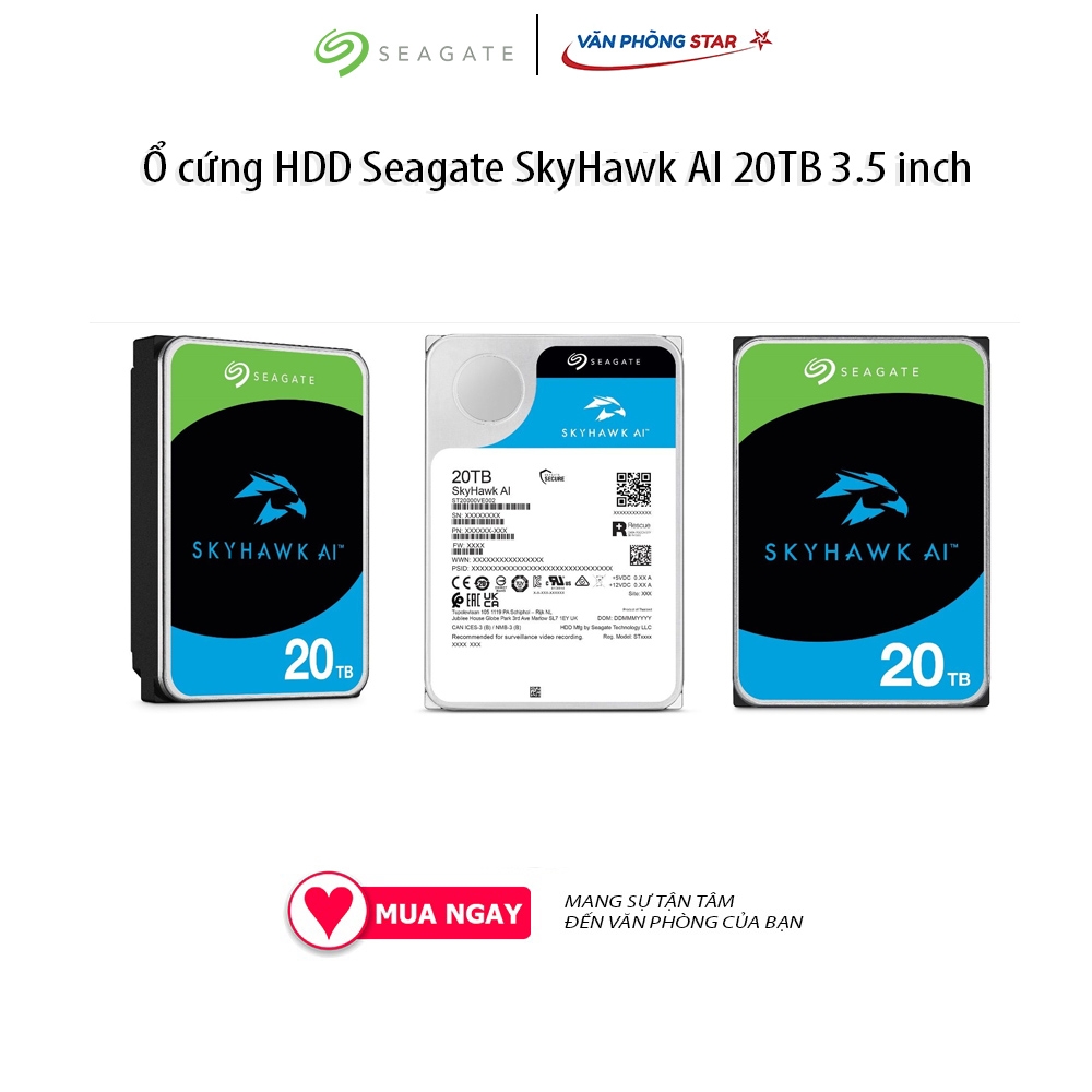 Ổ cứng HDD Seagate SkyHawk AI 20TB 3.5 inch, 7200RPM, SATA3, 256MB Cache (ST20000VE002) chính hãng vanphongstar