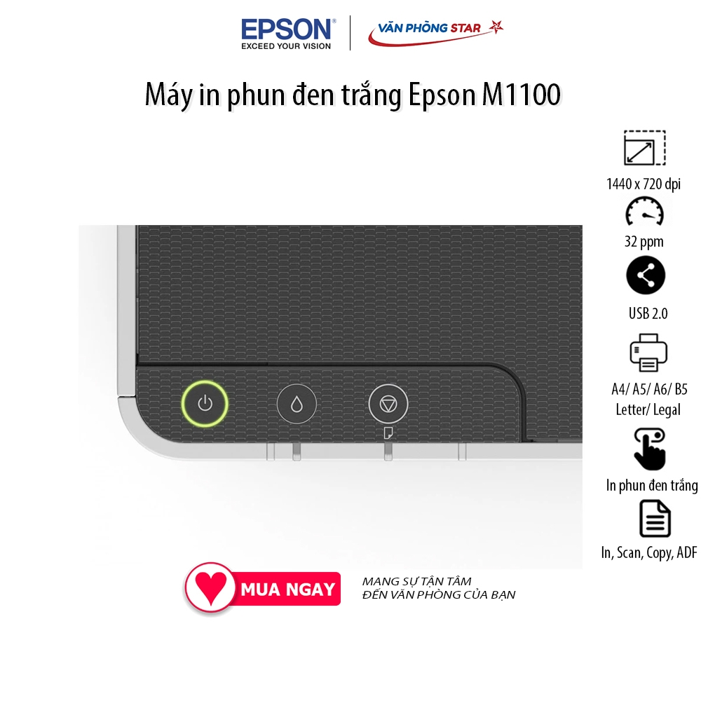 Máy in Epson M1100 In phun trắng đen, độ phân giải 1440 dpi x 720 dpi, kết nối USB 2.0 32 trang/phút tại Vanphongstar