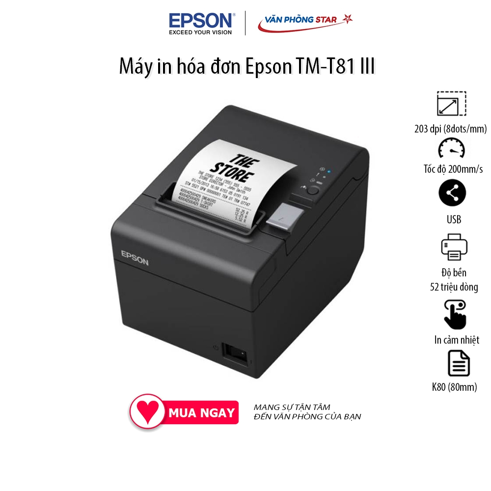 Máy in hóa đơn Epson TM-T81 III (Cổng USB + RS232). Độ bền đầu in 52 triệu dòng, Độ phân giải 203 dpi, Giấy in K80 80mm