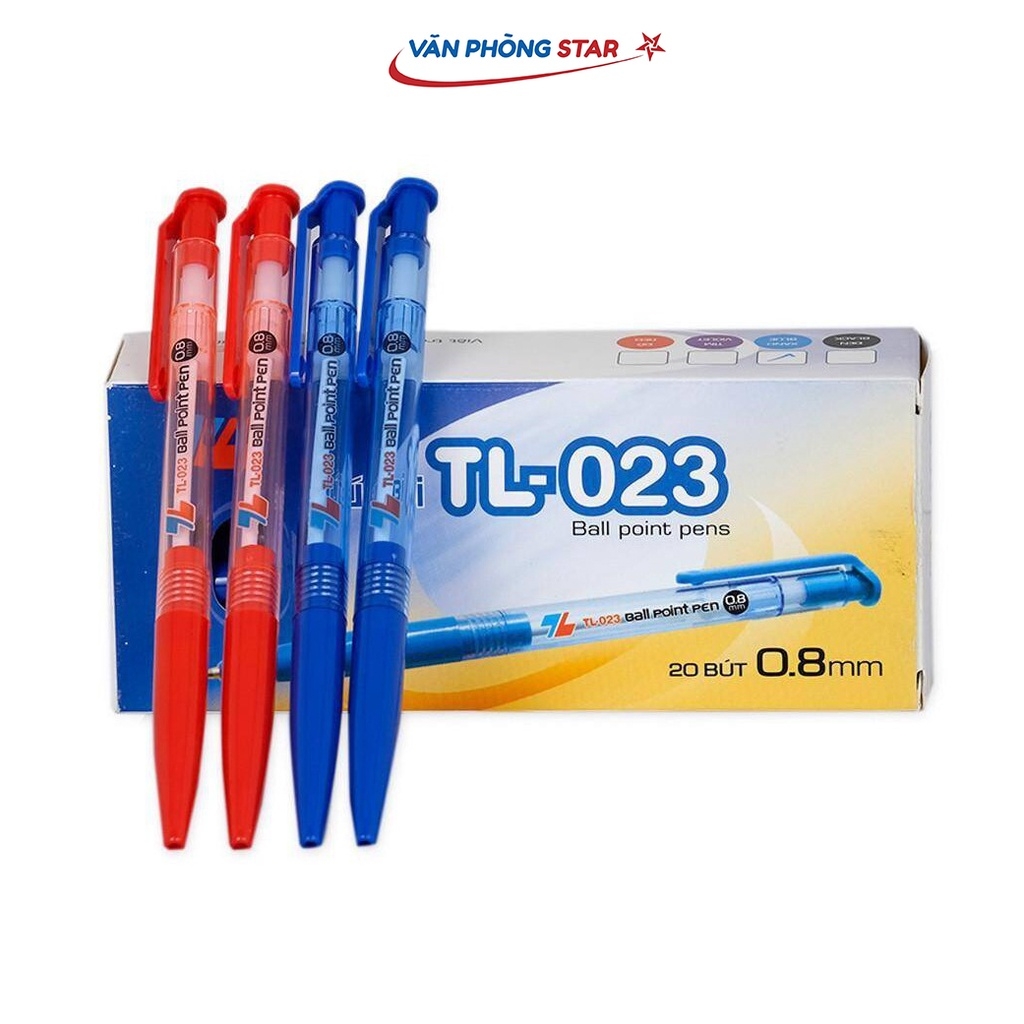 1 Hộp Bút bi TL-023 xanh số lượng 20 chiếc chính hãng Thiên Long tại Vanphongstar. Đầu bút 0.8mm viết được 1.200-1.500m