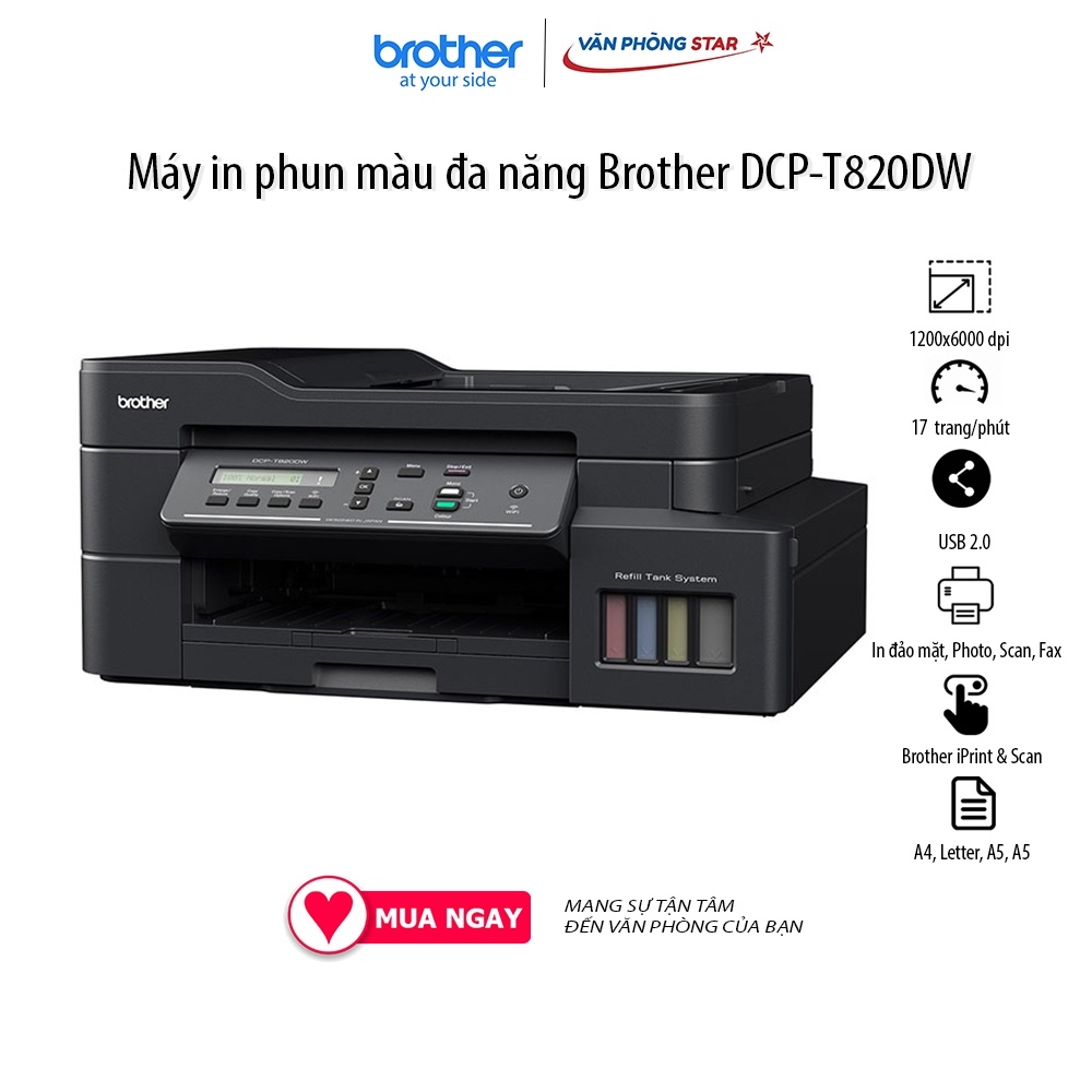 Máy in phun màu đa năng Brother DCP-T820DW  In,Quét,Copy, 17 trang/phút, kết nối wifi