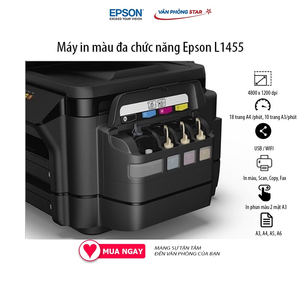 [FREESHIP] Máy in phun đa năng A3 Epson L1455 (In,Scan,Copy, Fax) 18 trang / 1 phút độ phân giải 4800 x 1200 dpi