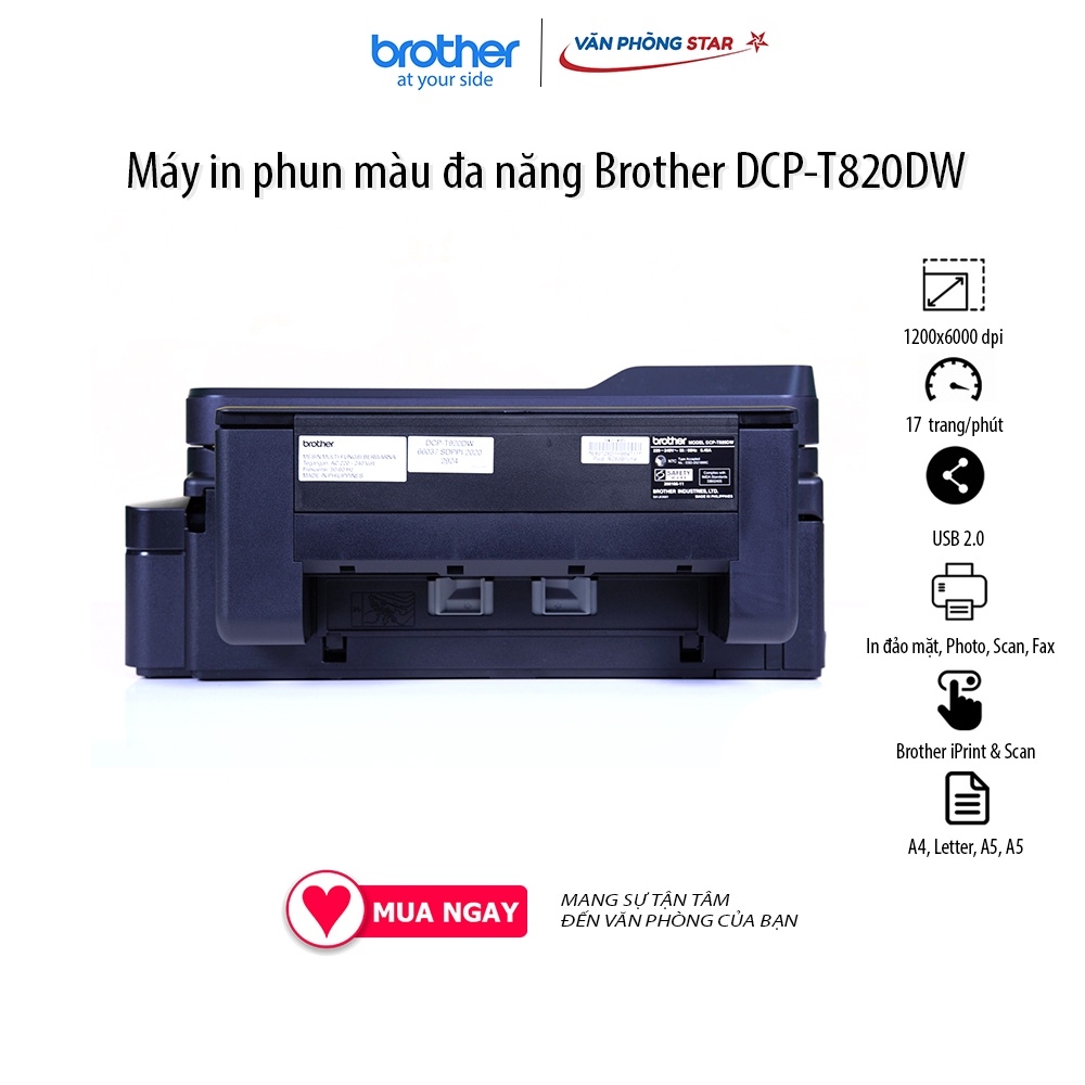 Máy in phun màu đa năng Brother DCP-T820DW  In,Quét,Copy, 17 trang/phút, kết nối wifi