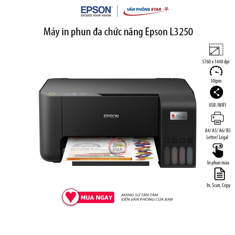 Máy in phun màu đa năng Wifi Epson L3250 khổ A4 - In màu wifi/ copy/ Scan ( Đã kèm mực chính hãng)