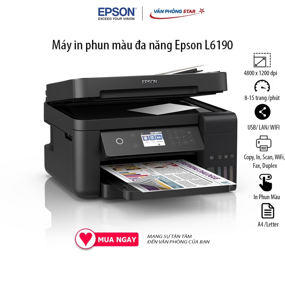 Máy in phun màu Epson L6190 Wifi (Copy, In, Scan, WiFi, Fax, Duplex) tốc độ 15 trang/phút độ phân giải 4800 x 1200 dpi
