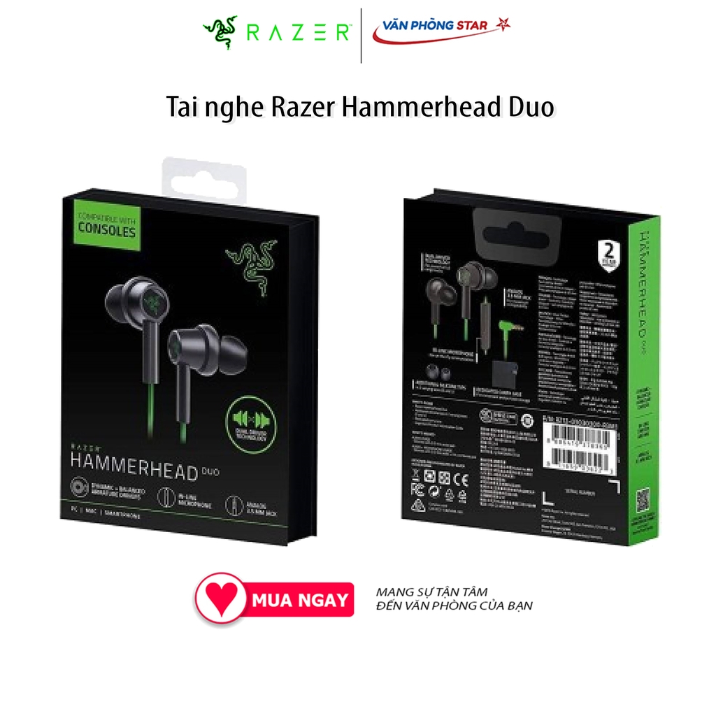 Tai nghe Razer Hammerhead Duo - RZ12-02790200-R3M1, jack 3.5mm, Trở kháng 32 ohms