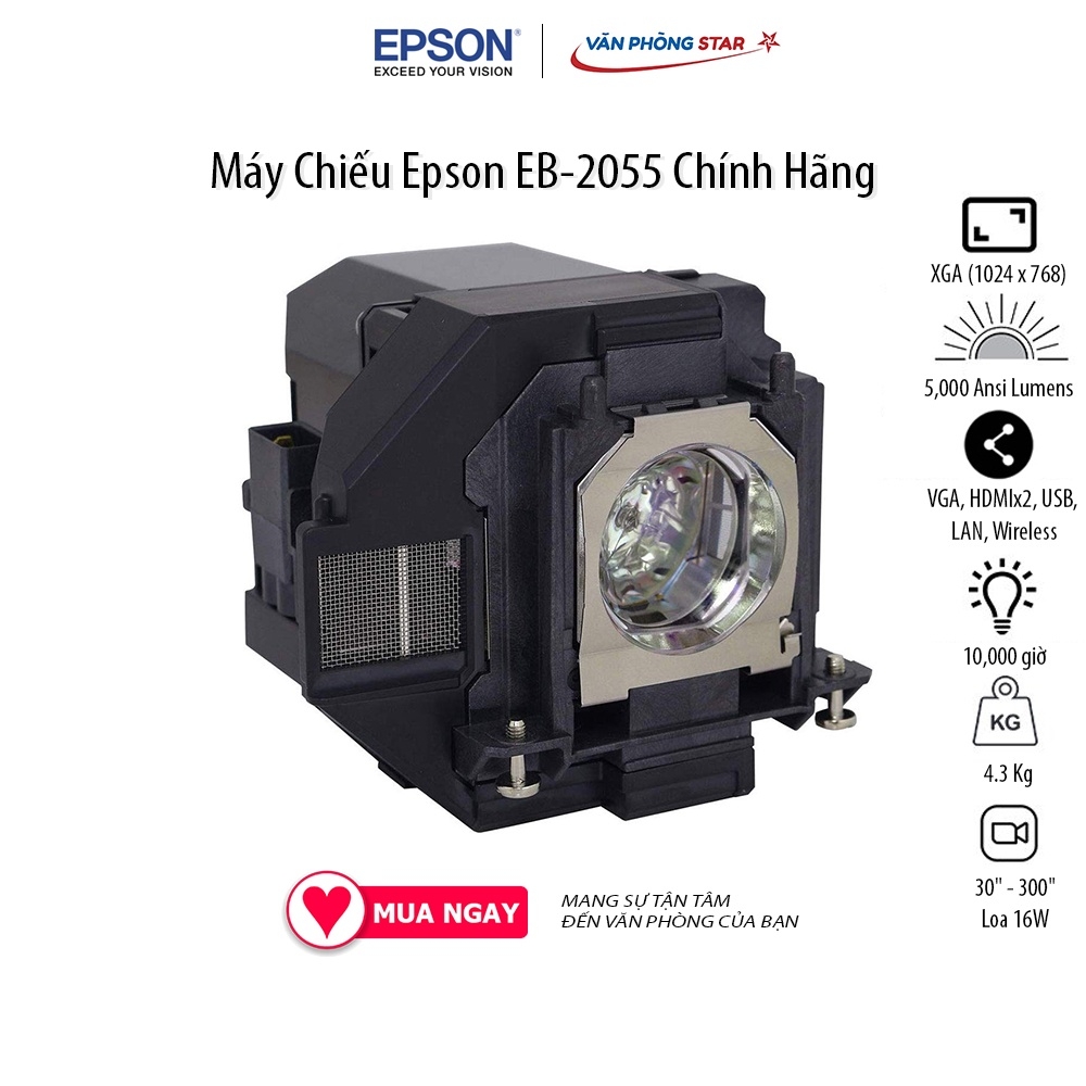 Máy Chiếu Epson EB-2055 Độ phân giải WUXGA XGA (1024 x 768)Cường độ sáng 5,500 Ansi Lumen, Tuổi thọ bóng 10000 giờ