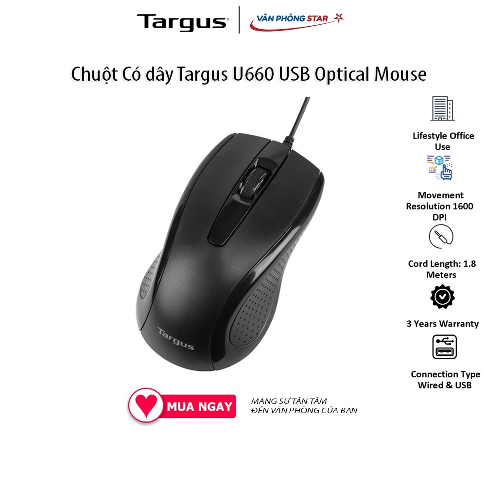 Chuột Có dây Targus U660 USB Optical Mouse. Độ phân giải 1600 DPI. 3 nút điều khiển. Kết nối USB chính hãng Vanphongstar