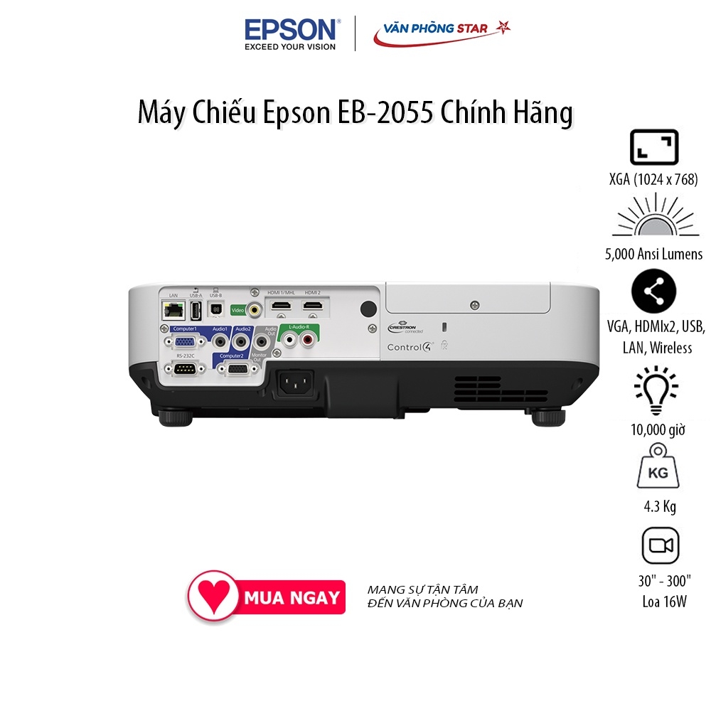 Máy Chiếu Epson EB-2055 Độ phân giải WUXGA XGA (1024 x 768)Cường độ sáng 5,500 Ansi Lumen, Tuổi thọ bóng 10000 giờ