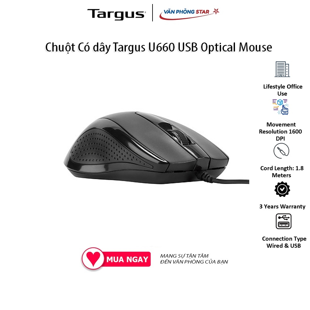 Chuột Có dây Targus U660 USB Optical Mouse. Độ phân giải 1600 DPI. 3 nút điều khiển. Kết nối USB chính hãng Vanphongstar