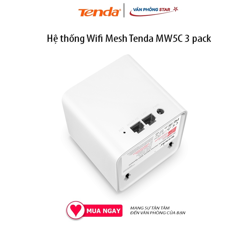 Hệ thống Wifi Mesh Tenda MW5C 3 pack Chuẩn kết nối: 802.11 a/b/g/n/ac Tốc độ 2.4GHz: 300Mbps; 5.0GHz: 867Mbps