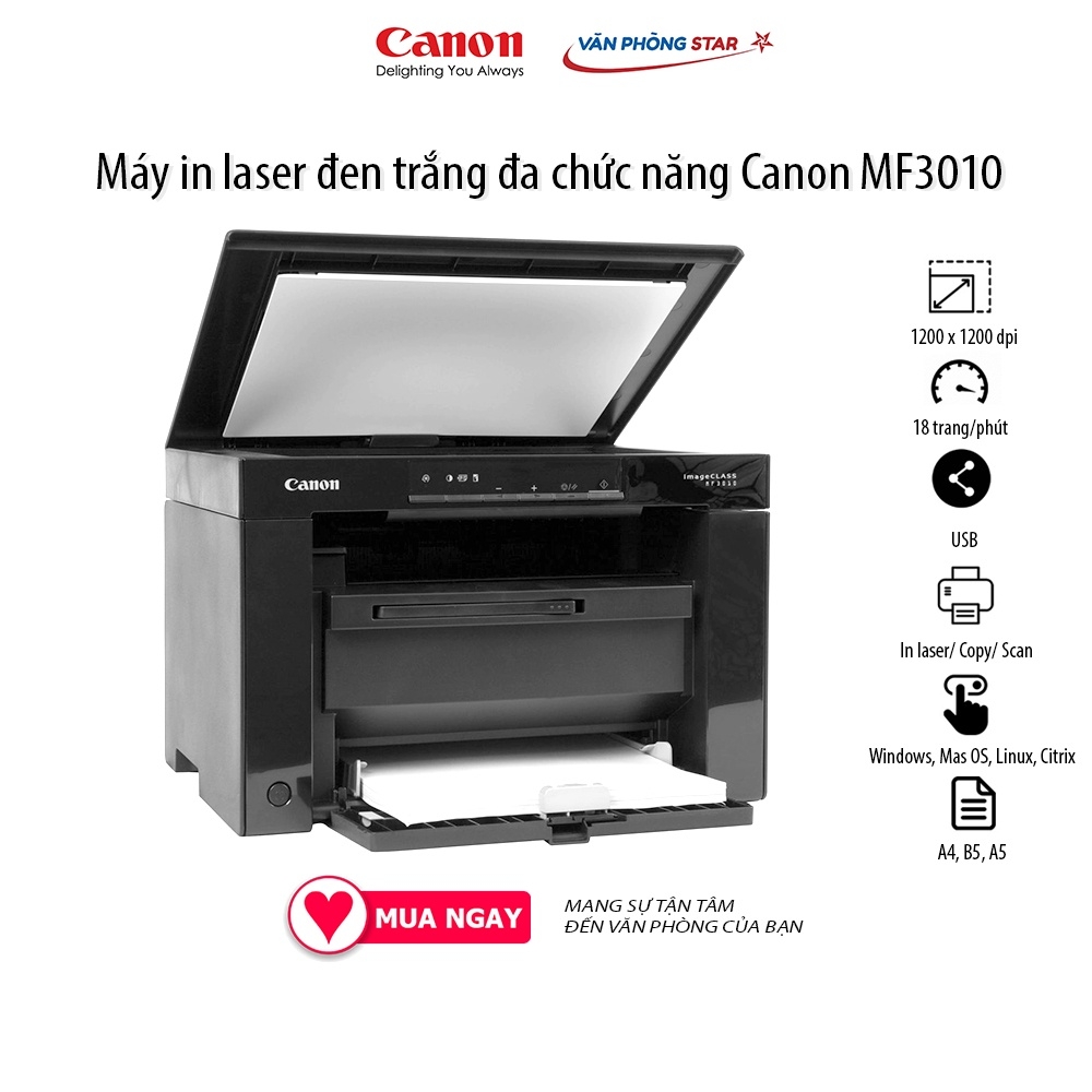 Máy In Canon ImageCLASS MF3010AE - Chính Hãng, A4 Đen Trắng, Đa Chức Năng In, Copy, Scan, kết nối Usb tại Vanphongstar