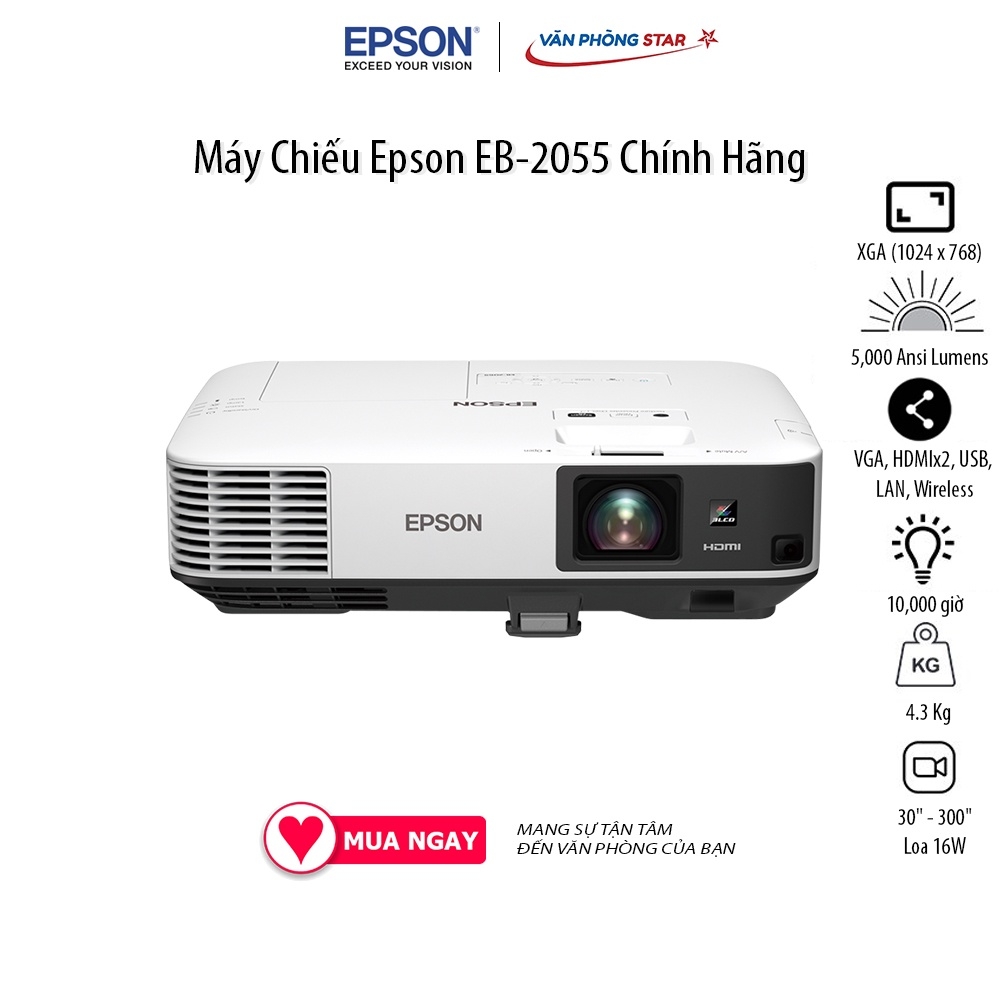 Máy Chiếu Epson EB-2055 Độ phân giải WUXGA XGA (1024 x 768)Cường độ sáng 5,500 Ansi Lumen, Tuổi thọ bóng 10000 giờ
