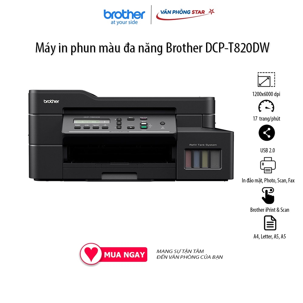 Máy in phun màu đa năng Brother DCP-T820DW  In,Quét,Copy, 17 trang/phút, kết nối wifi