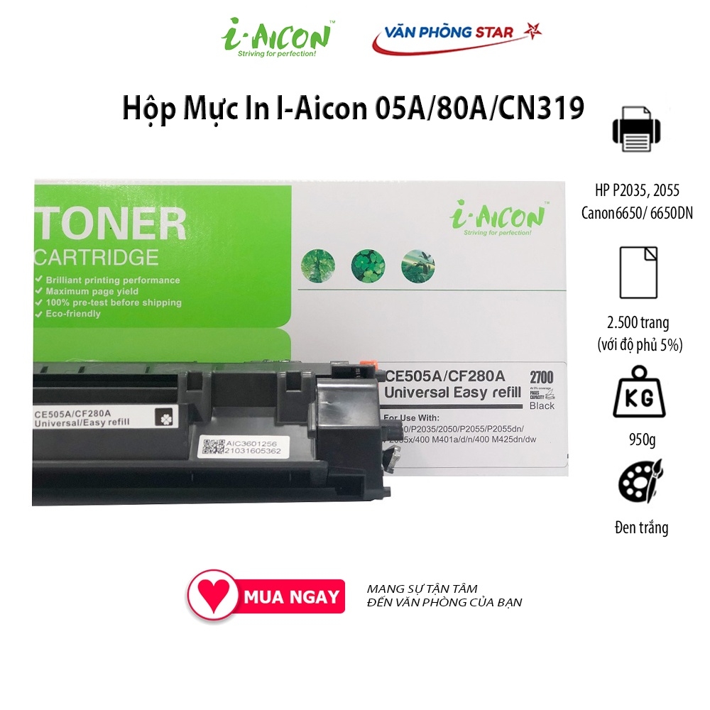 Hộp Mực 05A/80A CHÍNH HÃNG I-AICON dùng cho máy in HP LaserJet P2035,2055/Canon LBP 6650/6650DN CAM KẾT BẢO HÀNH 1 ĐỔI 1
