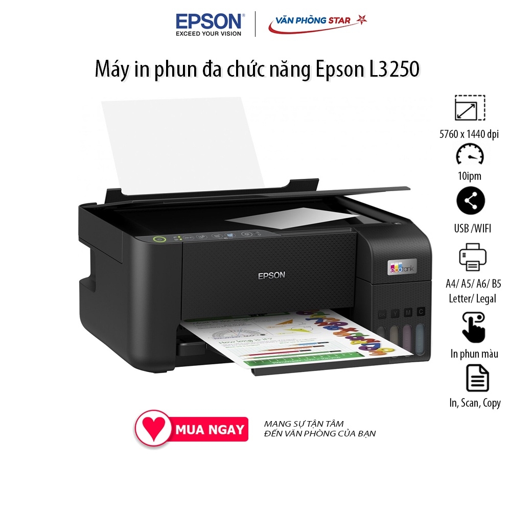 Máy in phun màu đa năng Wifi Epson L3250 khổ A4 - In màu wifi/ copy/ Scan ( Đã kèm mực chính hãng)