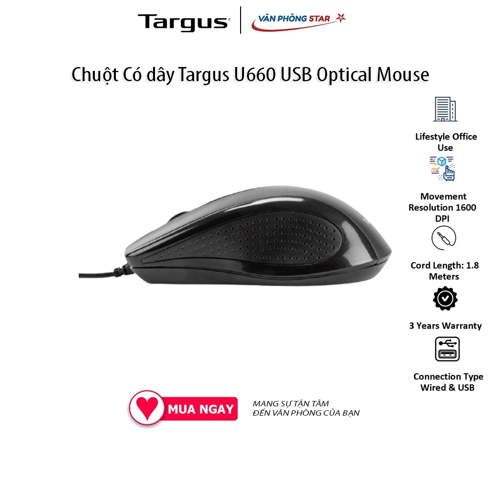 Chuột Có dây Targus U660 USB Optical Mouse. Độ phân giải 1600 DPI. 3 nút điều khiển. Kết nối USB chính hãng Vanphongstar
