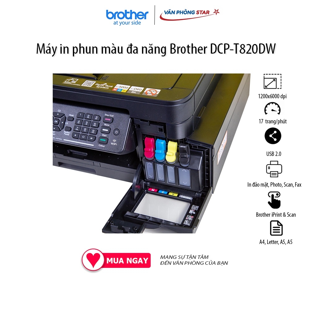 Máy in phun màu đa năng Brother DCP-T820DW  In,Quét,Copy, 17 trang/phút, kết nối wifi