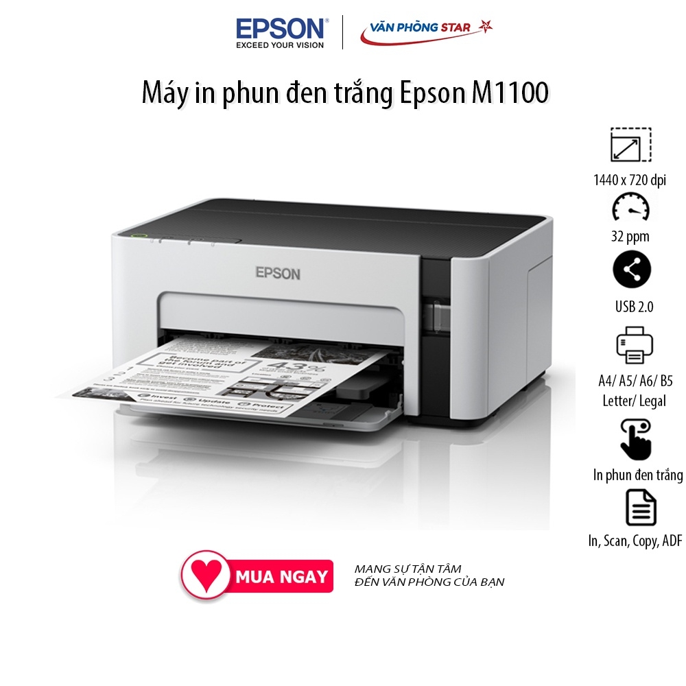 Máy in Epson M1100 in phun trắng đen, 30 trang/phút, 1440 dpi x 720 dpi, kết nối USB 2.0  Bảo hành chính hãng 4 năm