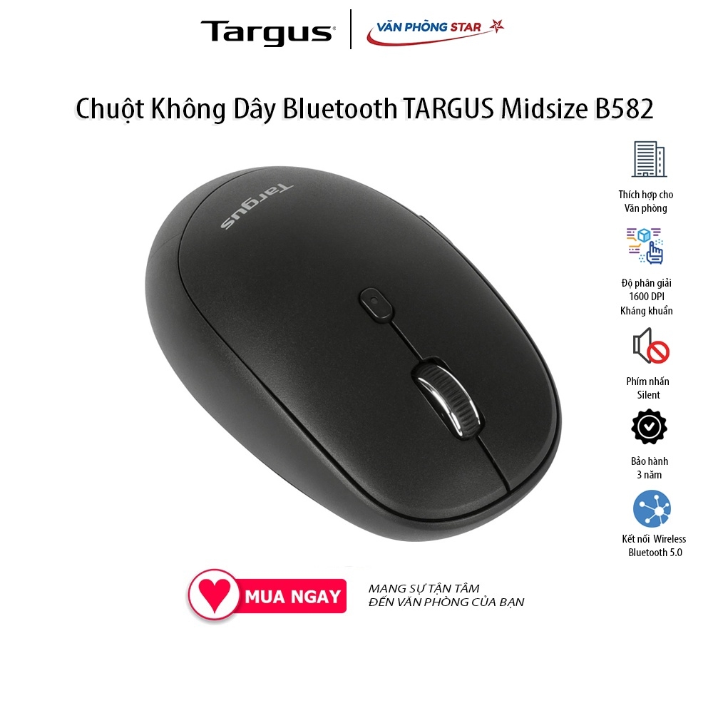 Chuột Không Dây Bluetooth TARGUS Midsize Comfort Kháng Khuẩn B582 Wireless Bluetooth + USB Click Silent chính hãng