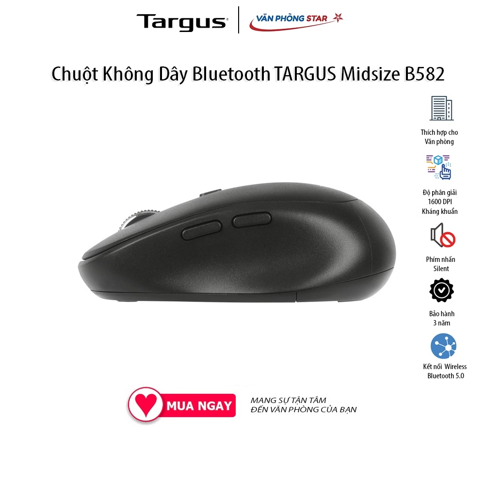 Chuột Không Dây Bluetooth TARGUS Midsize Comfort Kháng Khuẩn B582 Wireless Bluetooth + USB Click Silent chính hãng