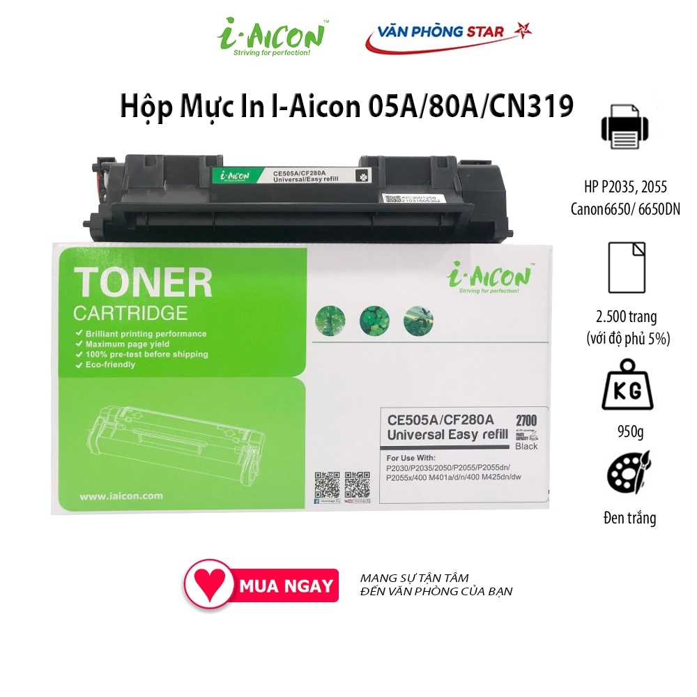 Hộp Mực 05A/80A CHÍNH HÃNG I-AICON dùng cho máy in HP LaserJet P2035,2055/Canon LBP 6650/6650DN CAM KẾT BẢO HÀNH 1 ĐỔI 1
