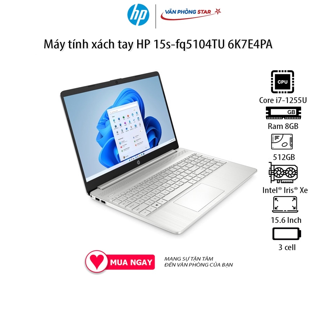 Laptop HP 15s-fq5104TU 6K7E4PA (Core i7-1255U | 8GB | 512GB | Iris® Xᵉ Graphics | 15.6 inch HD | Windows 11 Home