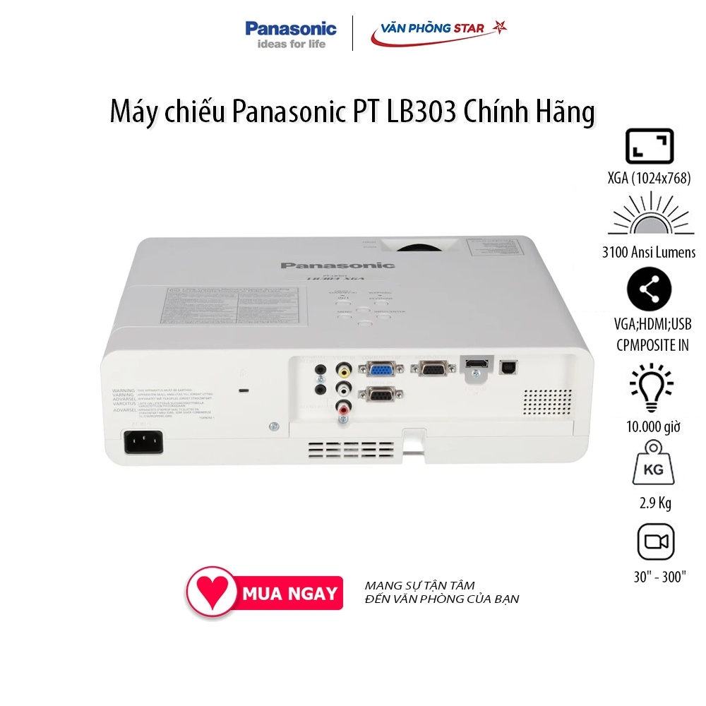 Máy chiếu Panasonic PT LB303 Độ phân giải XGA (1024x768), Độ sáng: 3100 Ansi Lumens. Tuổi thọ bóng đèn 10.000 giờ