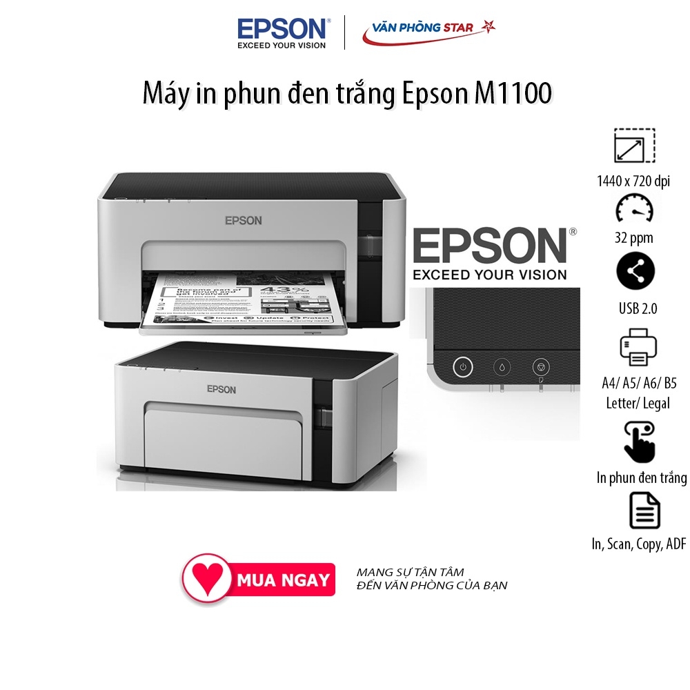 Máy in Epson M1100 in phun trắng đen, 30 trang/phút, 1440 dpi x 720 dpi, kết nối USB 2.0  Bảo hành chính hãng 4 năm