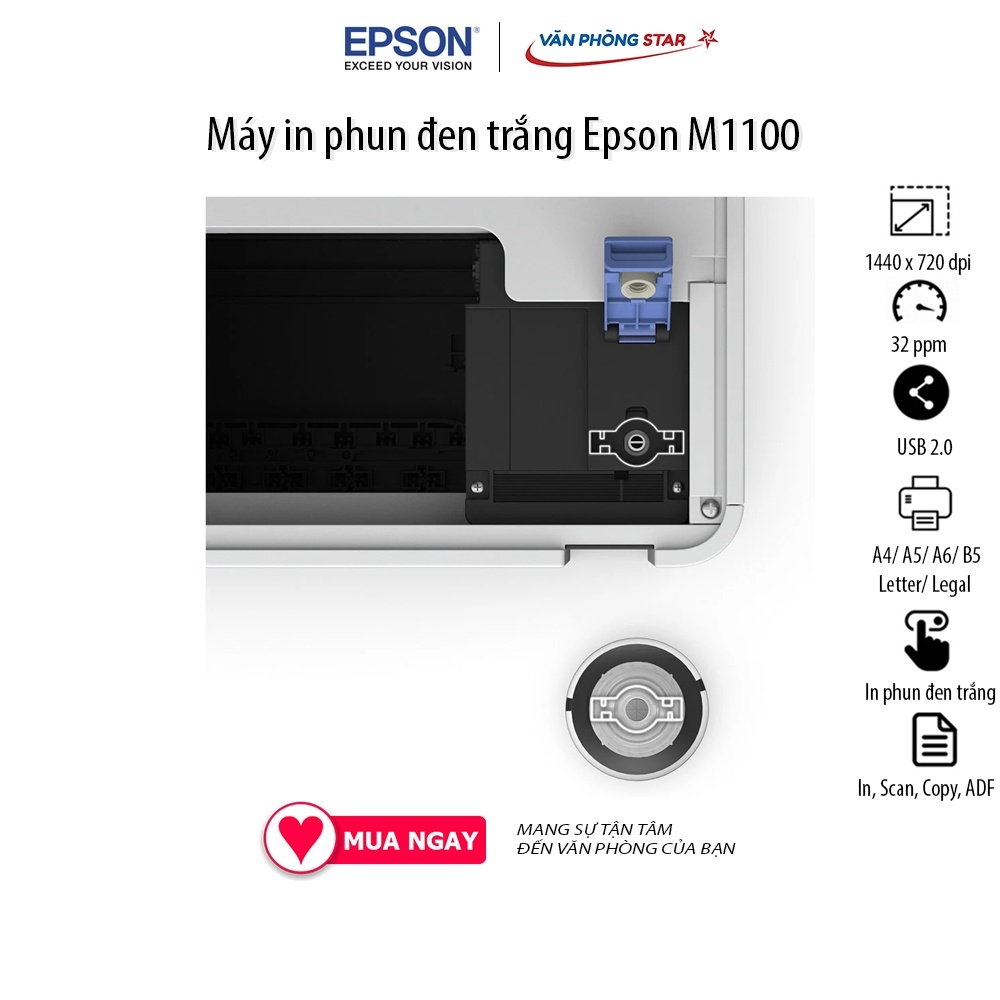 Máy in Epson M1100 in phun trắng đen, 30 trang/phút, 1440 dpi x 720 dpi, kết nối USB 2.0  Bảo hành chính hãng 4 năm