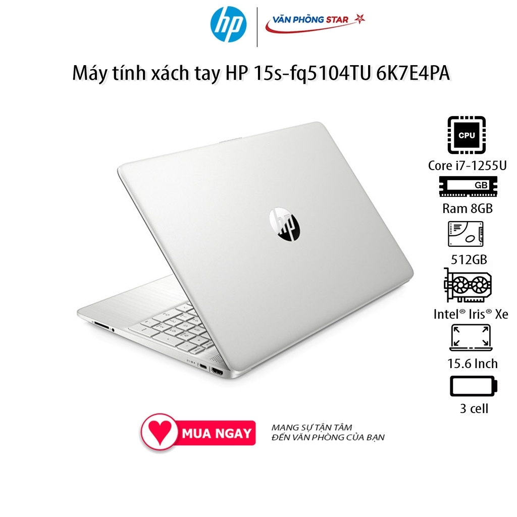 Laptop HP 15s-fq5104TU 6K7E4PA (Core i7-1255U | 8GB | 512GB | Iris® Xᵉ Graphics | 15.6 inch HD | Windows 11 Home