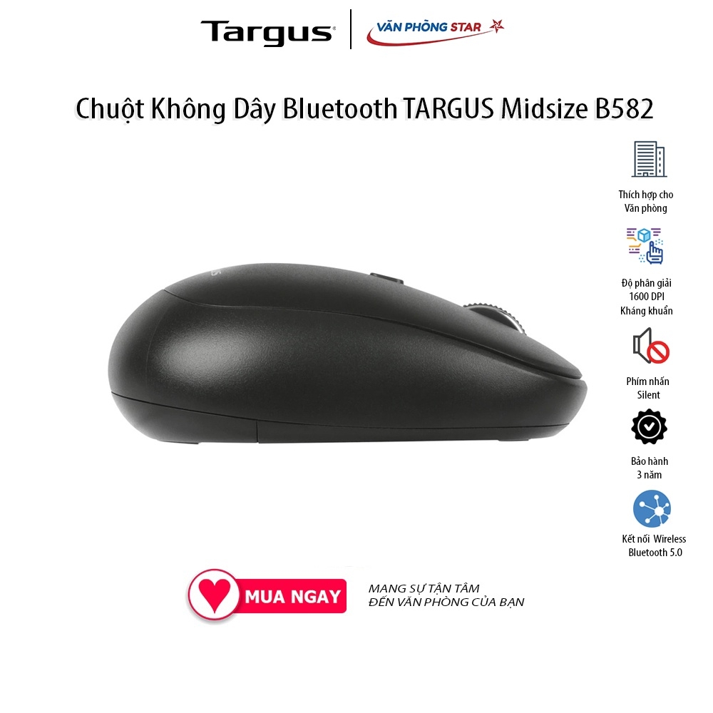 Chuột Không Dây Bluetooth TARGUS Midsize Comfort Kháng Khuẩn B582 Wireless Bluetooth + USB Click Silent chính hãng