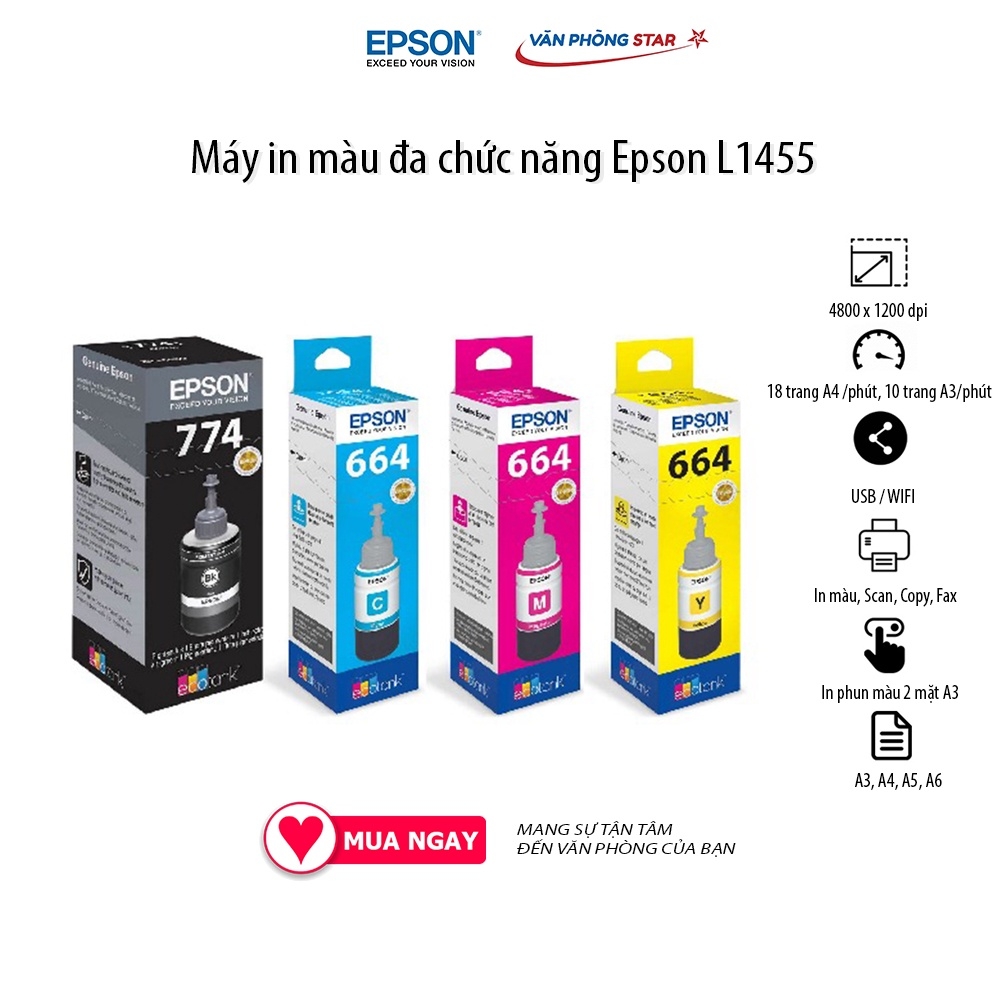 [FREESHIP] Máy in phun đa năng A3 Epson L1455 (In,Scan,Copy, Fax) 18 trang / 1 phút độ phân giải 4800 x 1200 dpi