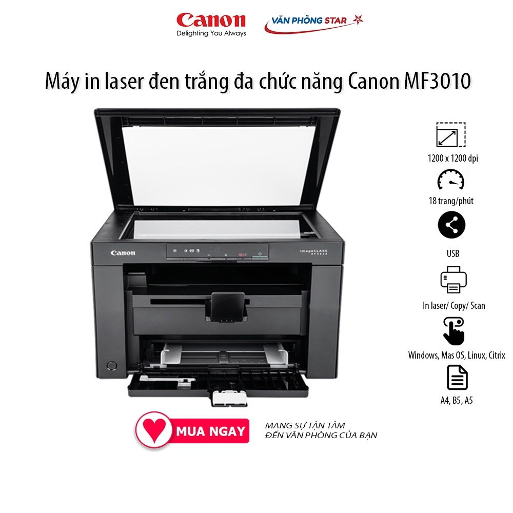 Máy In Canon ImageCLASS MF3010AE - Chính Hãng, A4 Đen Trắng, Đa Chức Năng In, Copy, Scan, kết nối Usb tại Vanphongstar