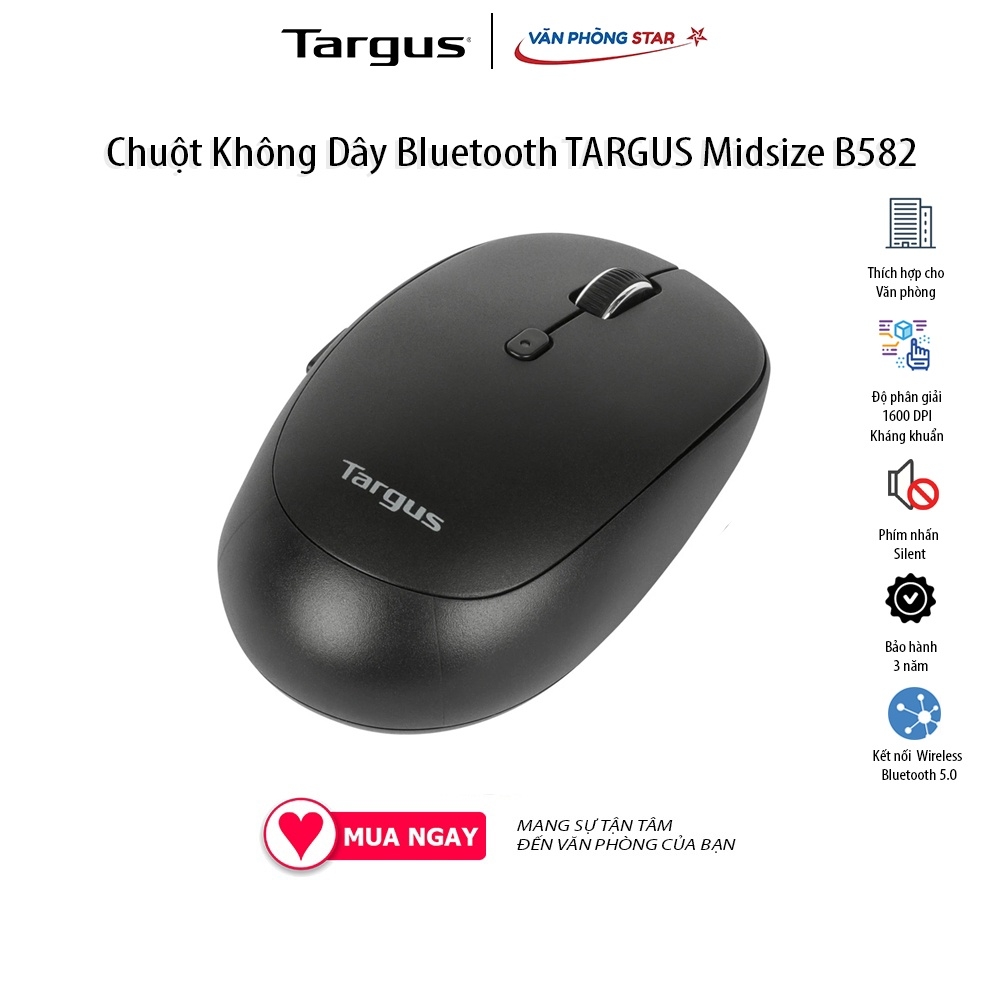 Chuột Không Dây Bluetooth TARGUS Midsize Comfort Kháng Khuẩn B582 Wireless Bluetooth + USB Click Silent chính hãng