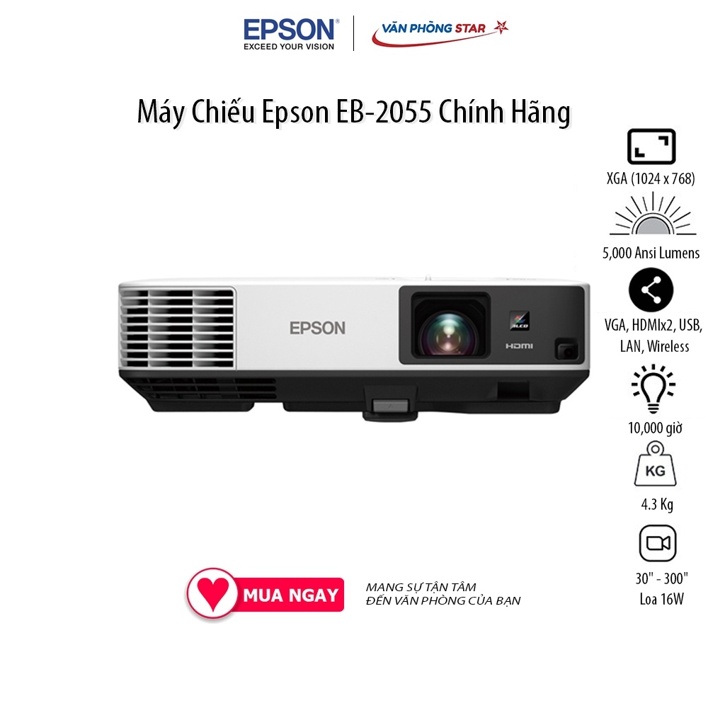 Máy Chiếu Epson EB-2055 Độ phân giải WUXGA XGA (1024 x 768)Cường độ sáng 5,500 Ansi Lumen, Tuổi thọ bóng 10000 giờ