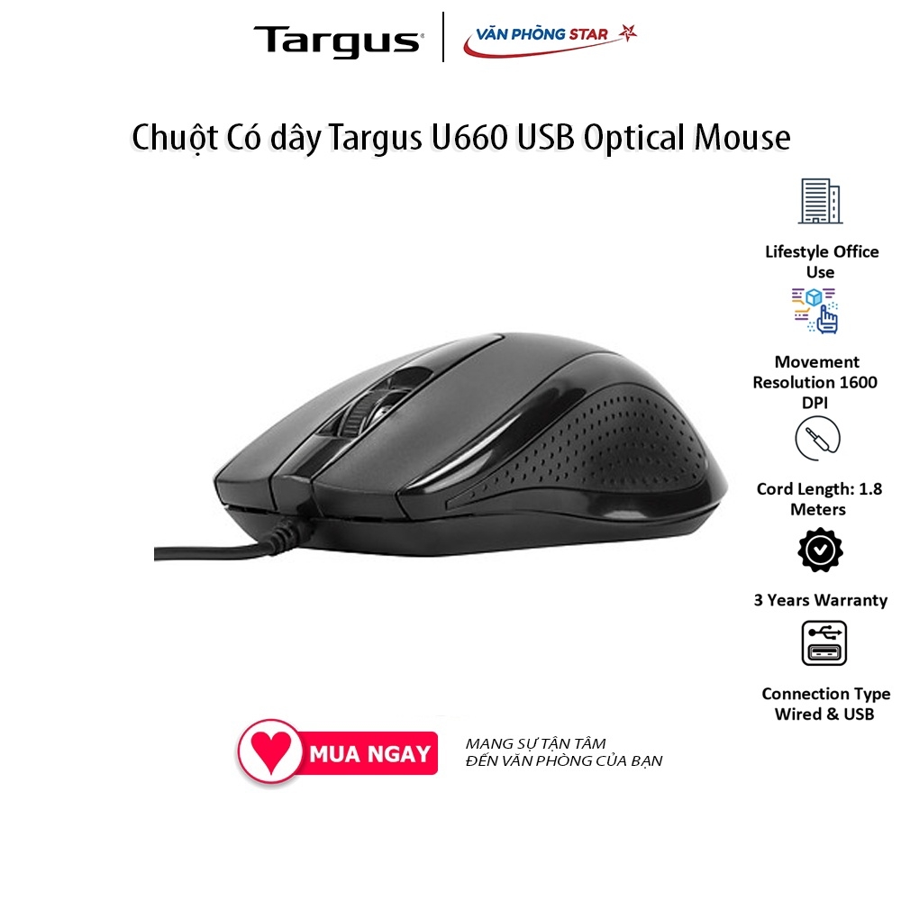 Chuột Có dây Targus U660 USB Optical Mouse. Độ phân giải 1600 DPI. 3 nút điều khiển. Kết nối USB chính hãng Vanphongstar